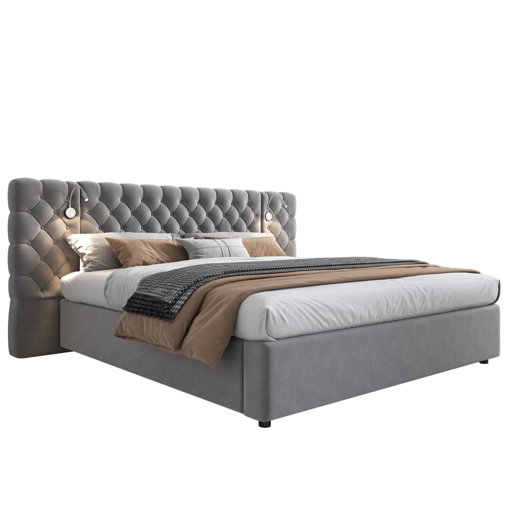 Letto matrimoniale 160x200 cm in velluto grigio con testiera imbottita; luce da lettura e contenitore