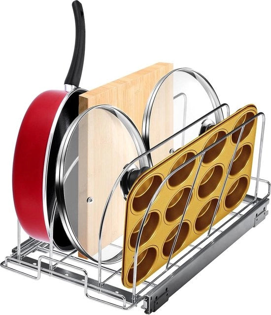 Rack estensibile per contenitori da forno con divisori di metallo flessibili, coperchio in metallo e organizzatore per contenitori da forno da 117 pollici.