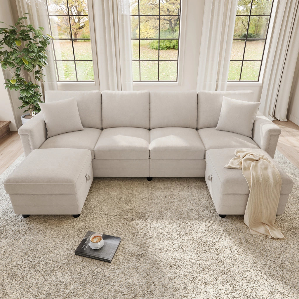 Divano modulare beige 261x134x82 cm con pouf contenitore; USB e Type-C