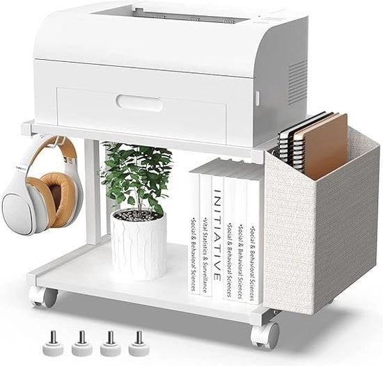 Stand per stampante a due livelli in legno con tasca di stoccaggio per ufficio, casa, studio, organizzatore, stampante, tavolo, mobile, carrello con ruote rotodirezionali