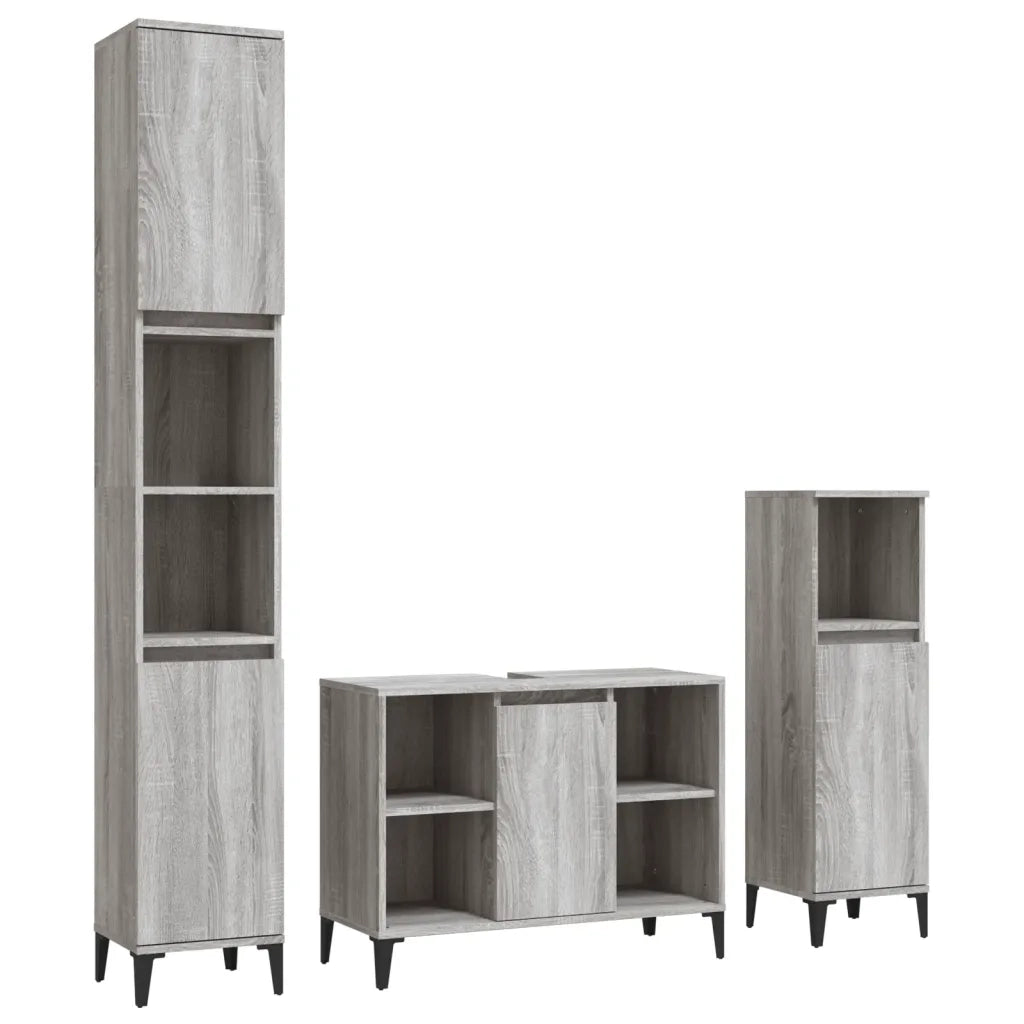 Set Mobili da Bagno | Armadio da bagno 3 pz Grigio Sonoma in Legno Multistrato
