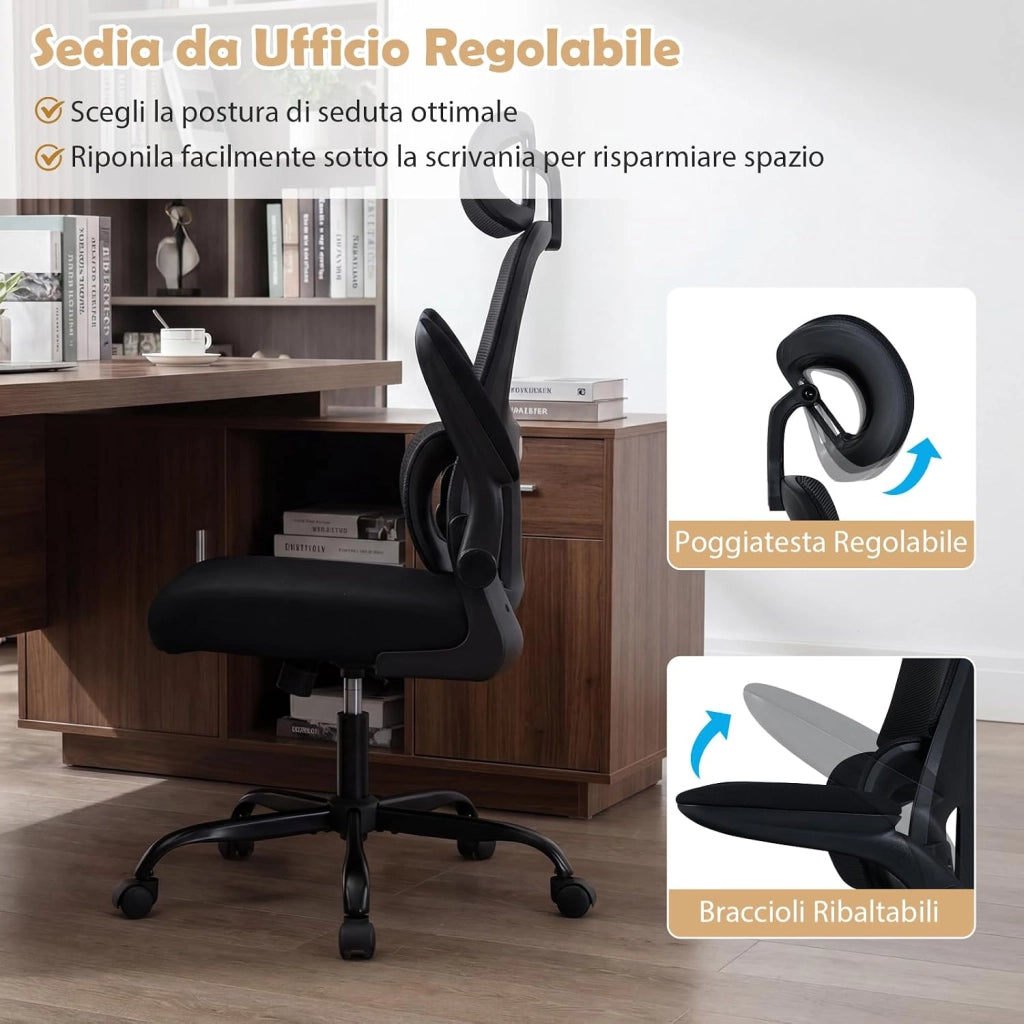 Sedia da Ufficio Ergonomica, Sedia da Scrivania Computer, Poggiatesta e Supporto Lombare, Regolabile in Altezza, Portata 120 kg, Nero