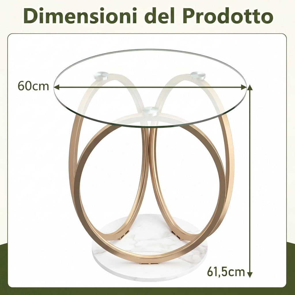 Tavolino da Caffè in Vetro Temperato, Tavolino Rotondo con Struttura in Metallo Dorato e Geometrico, Tavolino Moderno per Salotto, Camera, Cucina e Sala da Pranzo, Portata 30 KG