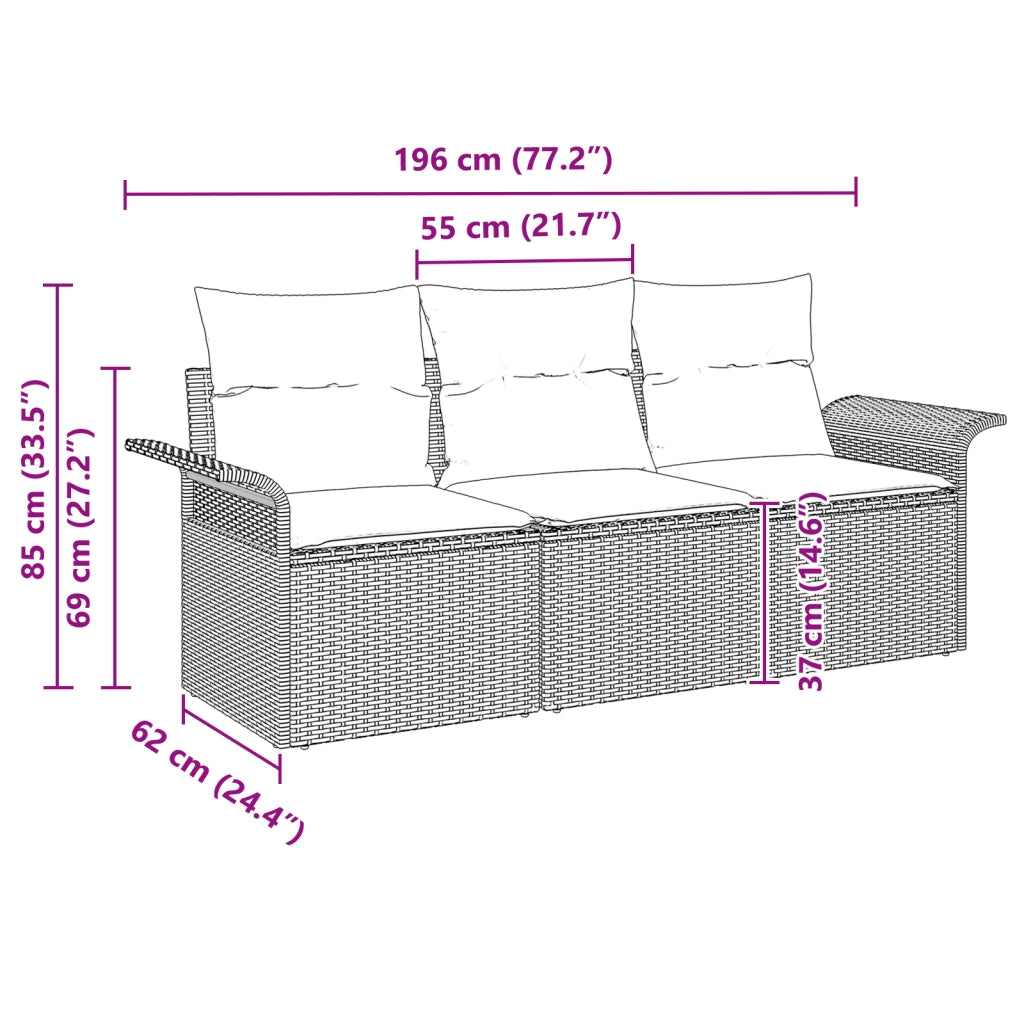 Set Divano da Giardino 3 Pezzi con Cuscini Marrone Polyrattan