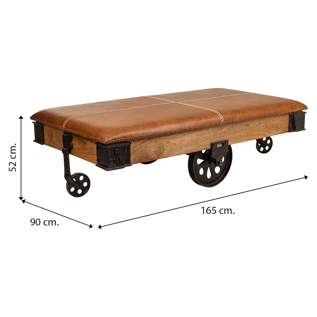 Tavolino in legno, metallo e pelle marrone 165x90x52h