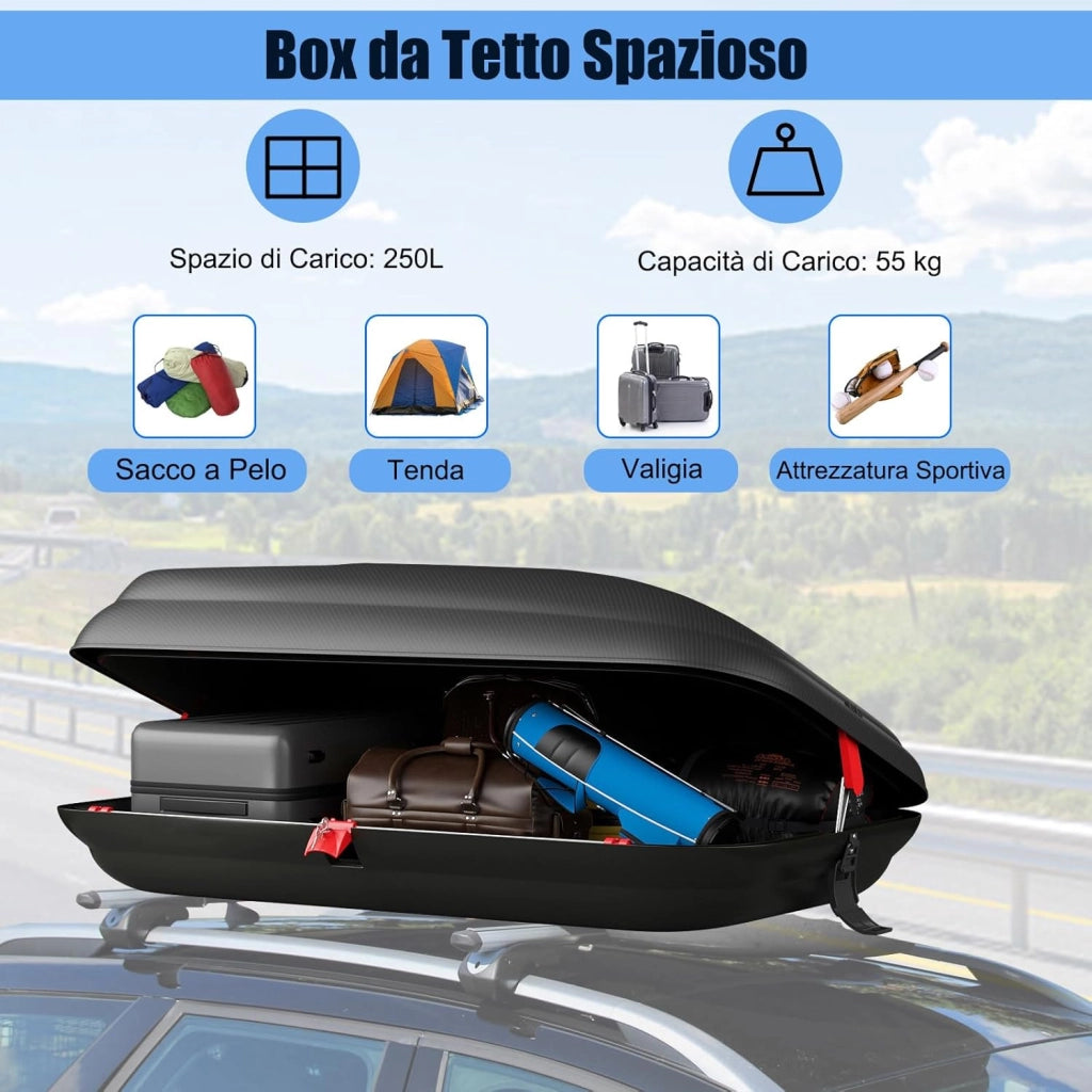 Box da Tetto per Auto XL, Baule Tetto Universale Rigido Impermeabile Super Resistente in Fibra Carbonio e Metallo, Portapacchi per Auto con Chiavi, Capacità 50 kg (132 x 77 x 31 cm)