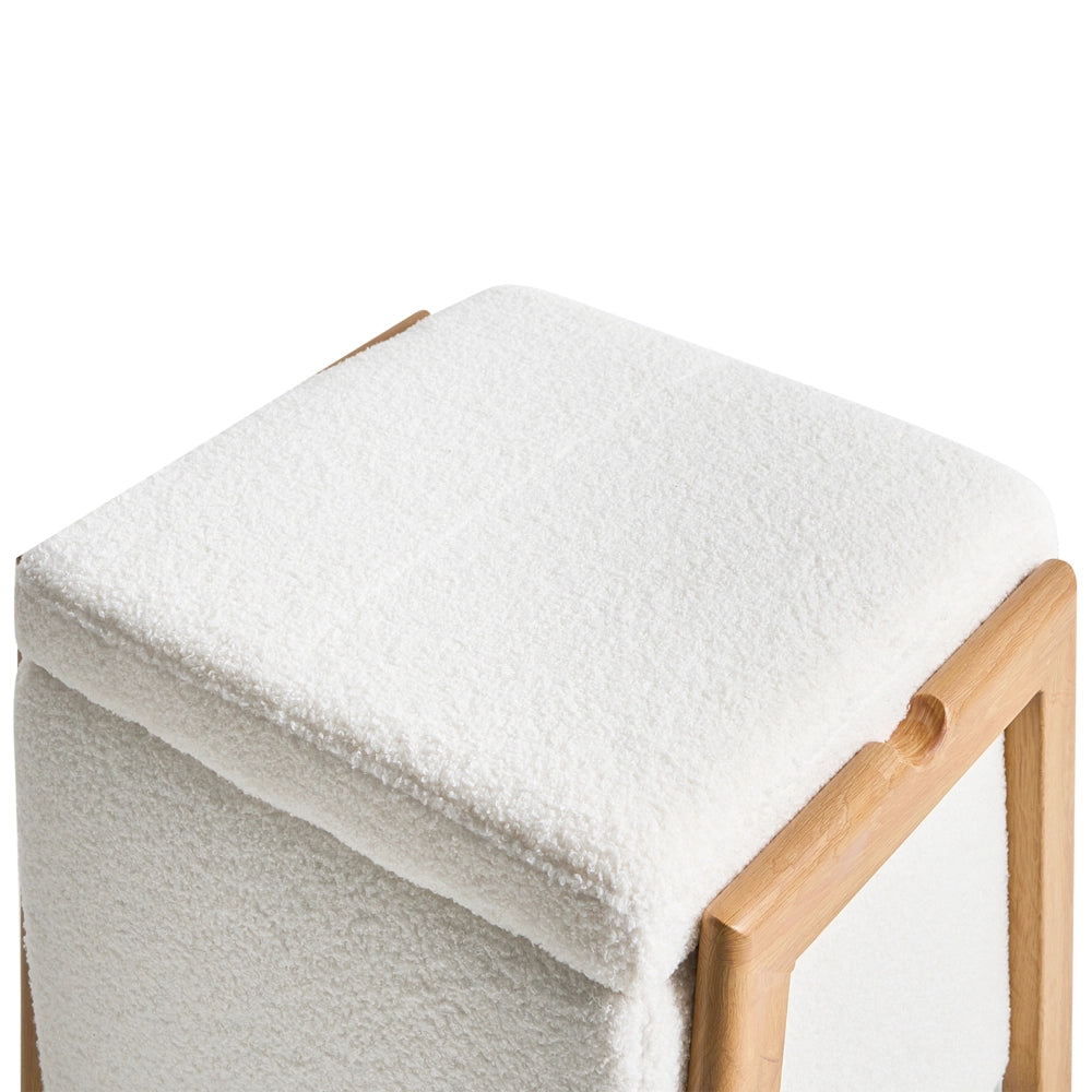 Pouf rivestito in tessuto bouclè bianco con contenitore Accessorio Soggiorno Camera da letto Glam Retrò