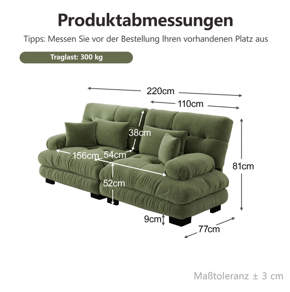 Divano modulare 220x77x81 cm verde in chenille con 4 cuscini