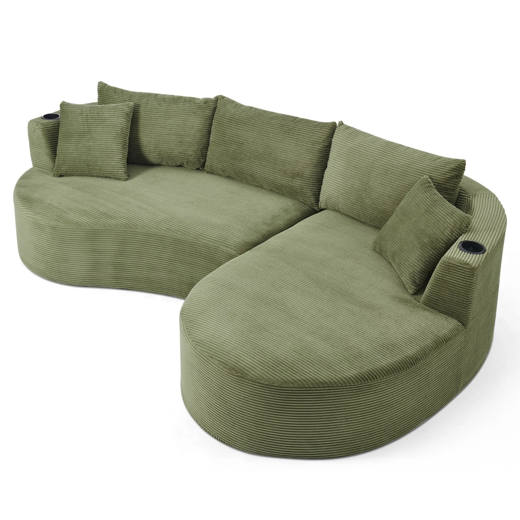 Divano 3 Posti con Chaise Longue Angolare ¨C MINIMAL ¨C Tessuto a Coste Verde con Cuscini