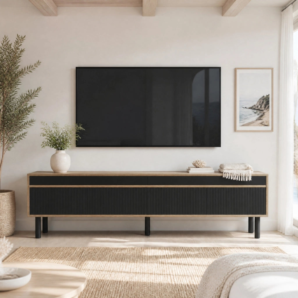 Mobile TV moderno con 4 ante; 170x38x47 cm; nero e effetto legno