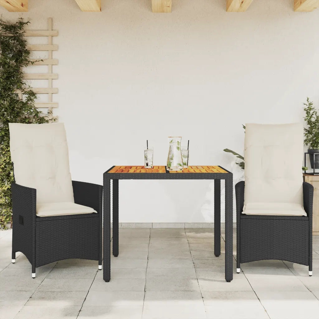 Set da BistrÃ² 3 pz con Cuscini Nero Polyrattan e Legno Acacia