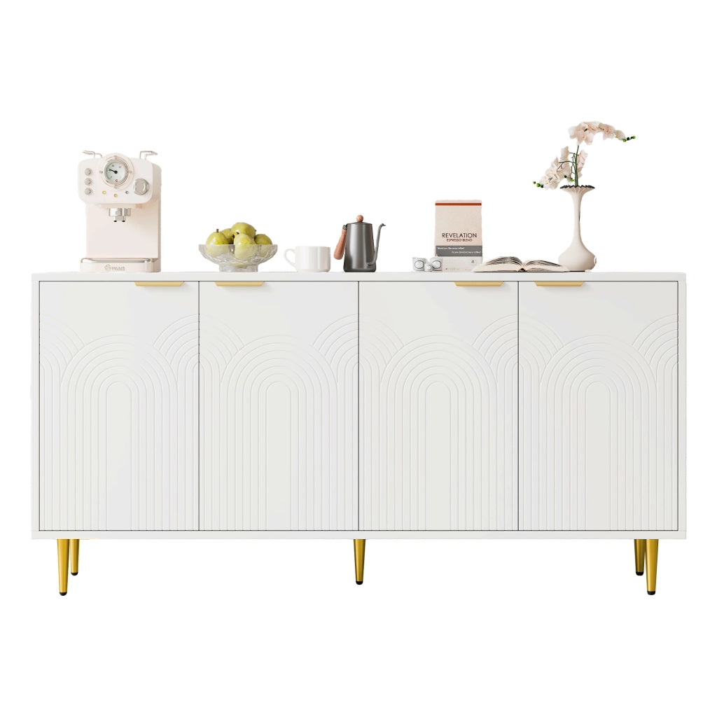Credenza soggiorno bianca 4 ante con maniglie e dettagli oro, 160x40x80 cm, ripiani regolabili