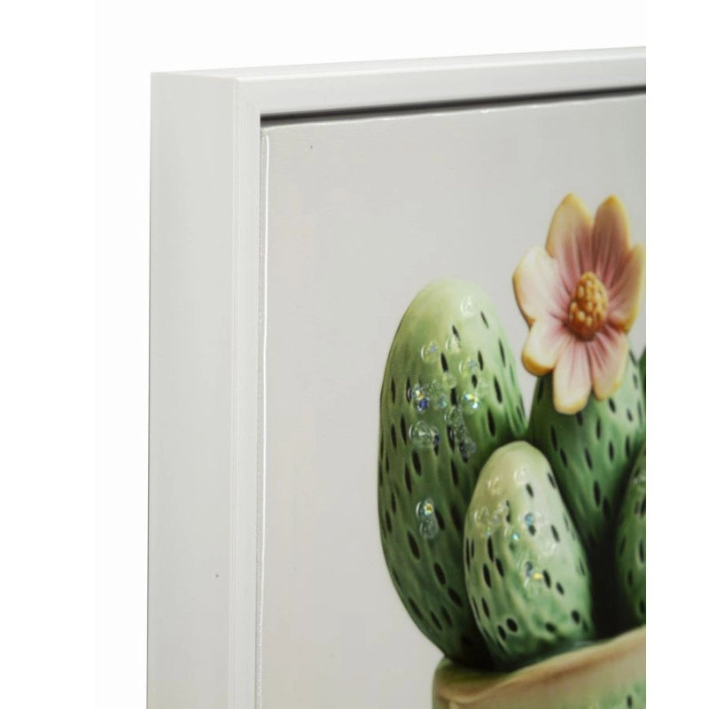 Stampa Su Tela Laccata Con Cornice Vasetto Cactus -a- cm 40x2,8x40