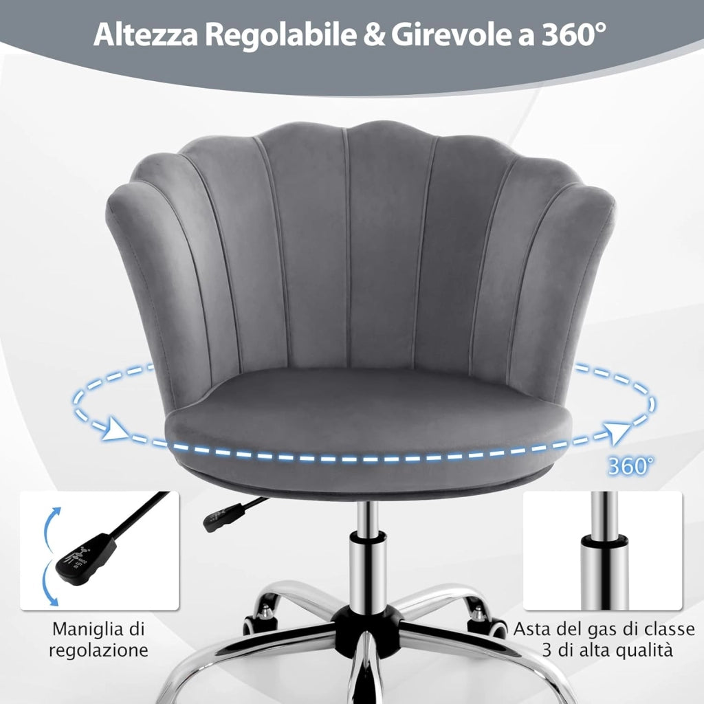 Sedia da Scrivania in Velluto, Poltrona Girevole con Altezza Regolabile, con Schienale a Forma di Petalo e Ruote, per Casa Ufficio, Carico Massimo 150 kg (Grigio)