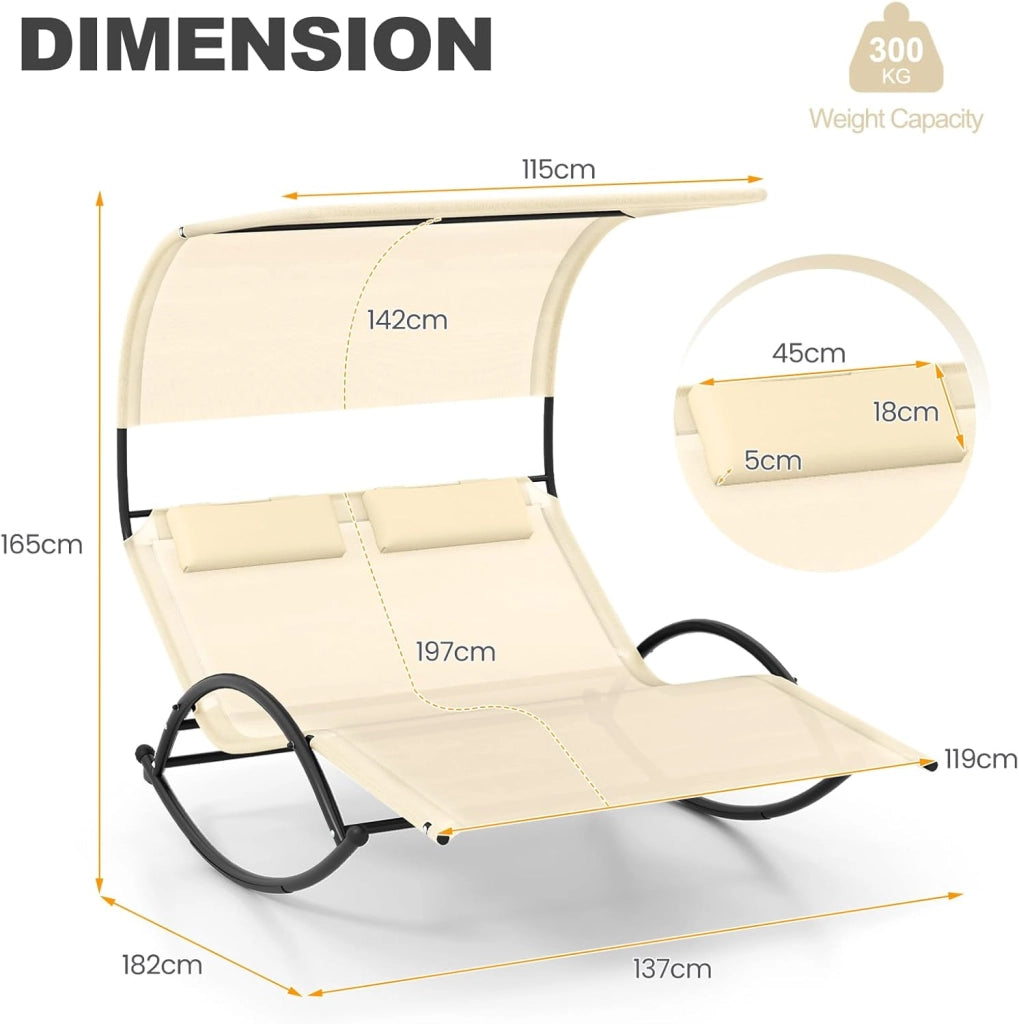 Lettino Prendisole a 2 Posti, Fino a 300 kg, con Tettuccio e Poggiatesta, Sdraio a Dondolo in Tessuto Textilene e Struttura Metallica, per Giardino, Patio, Terrazza, Piscina (Beige)