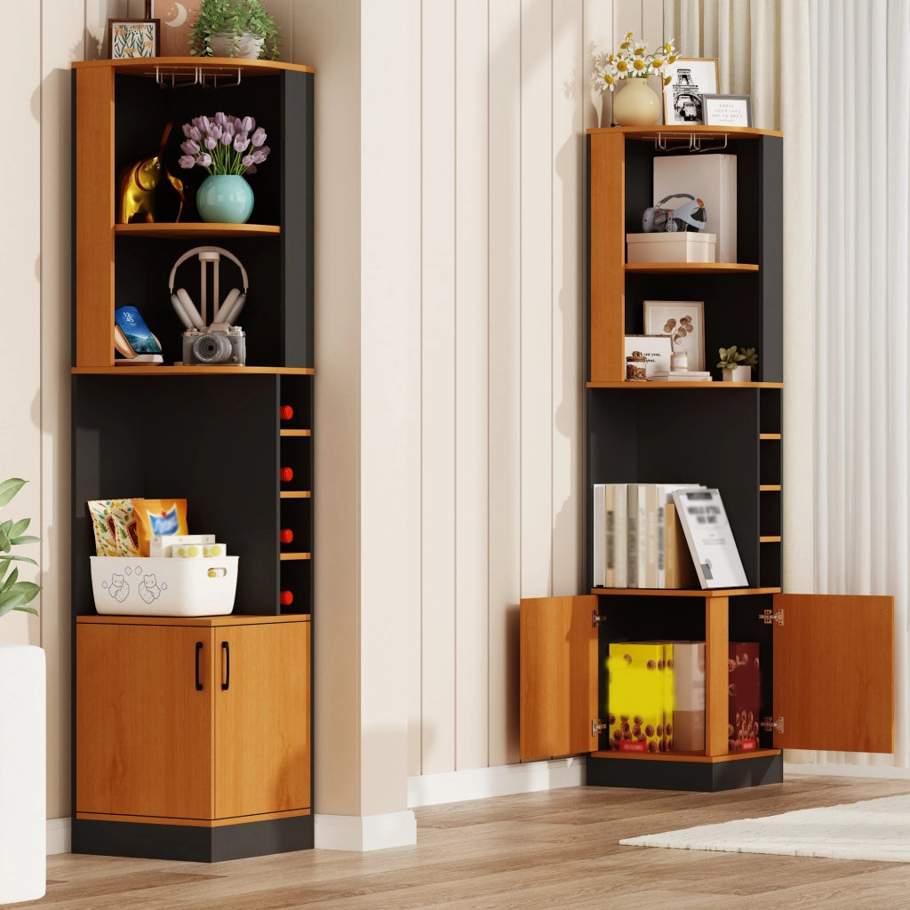 Credenza angolare portabottiglie con portabicchieri e 4 vani per cucina e soggiorno; in MDF; nero; 40 × 40 × 182 cm
