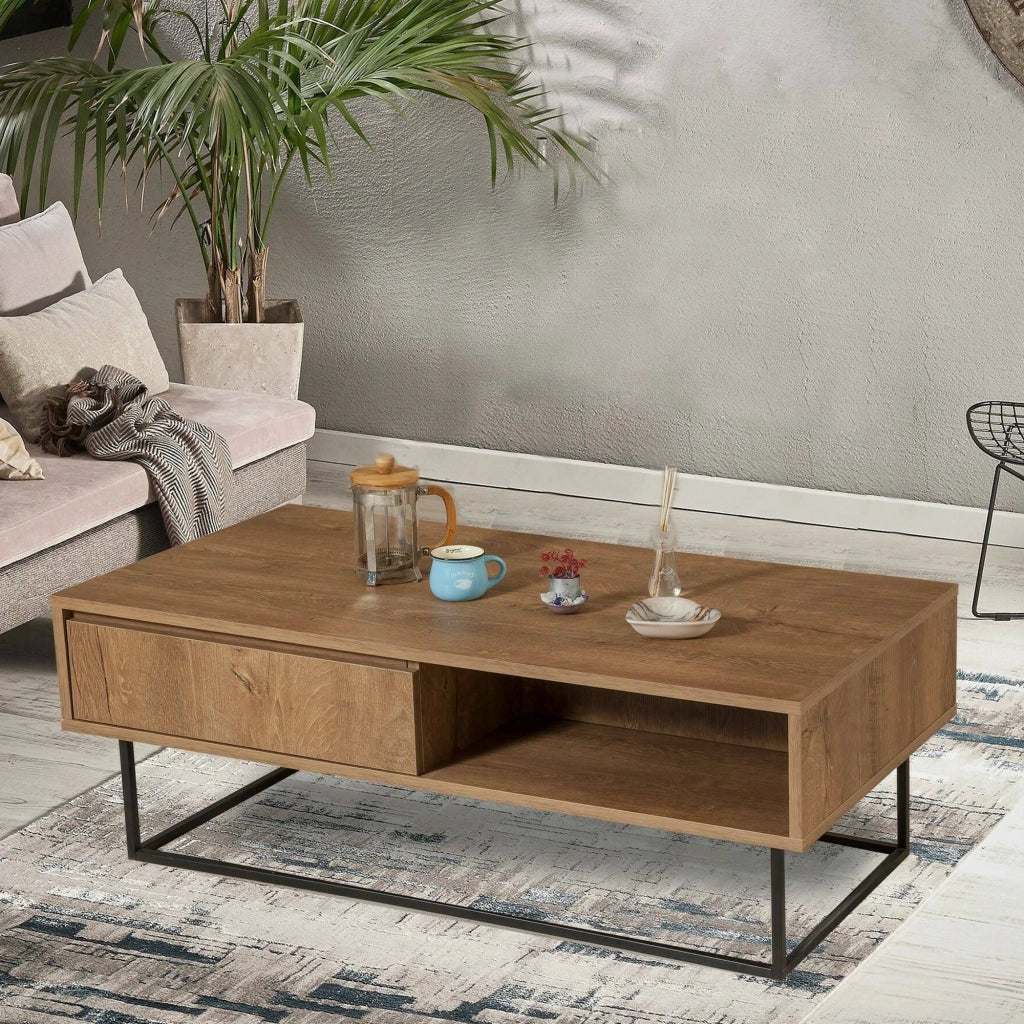 Tavolino da salotto Bard, Tavolo basso da caffè, Portariviste per divano, Ripiano da soggiorno, 120x60h43 cm, Noce e Nero