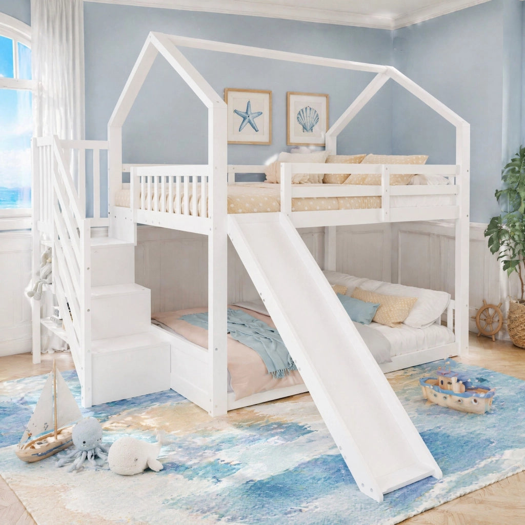 LETTO a castello 140x200 cm con scivolo, scala contenitore, bianco