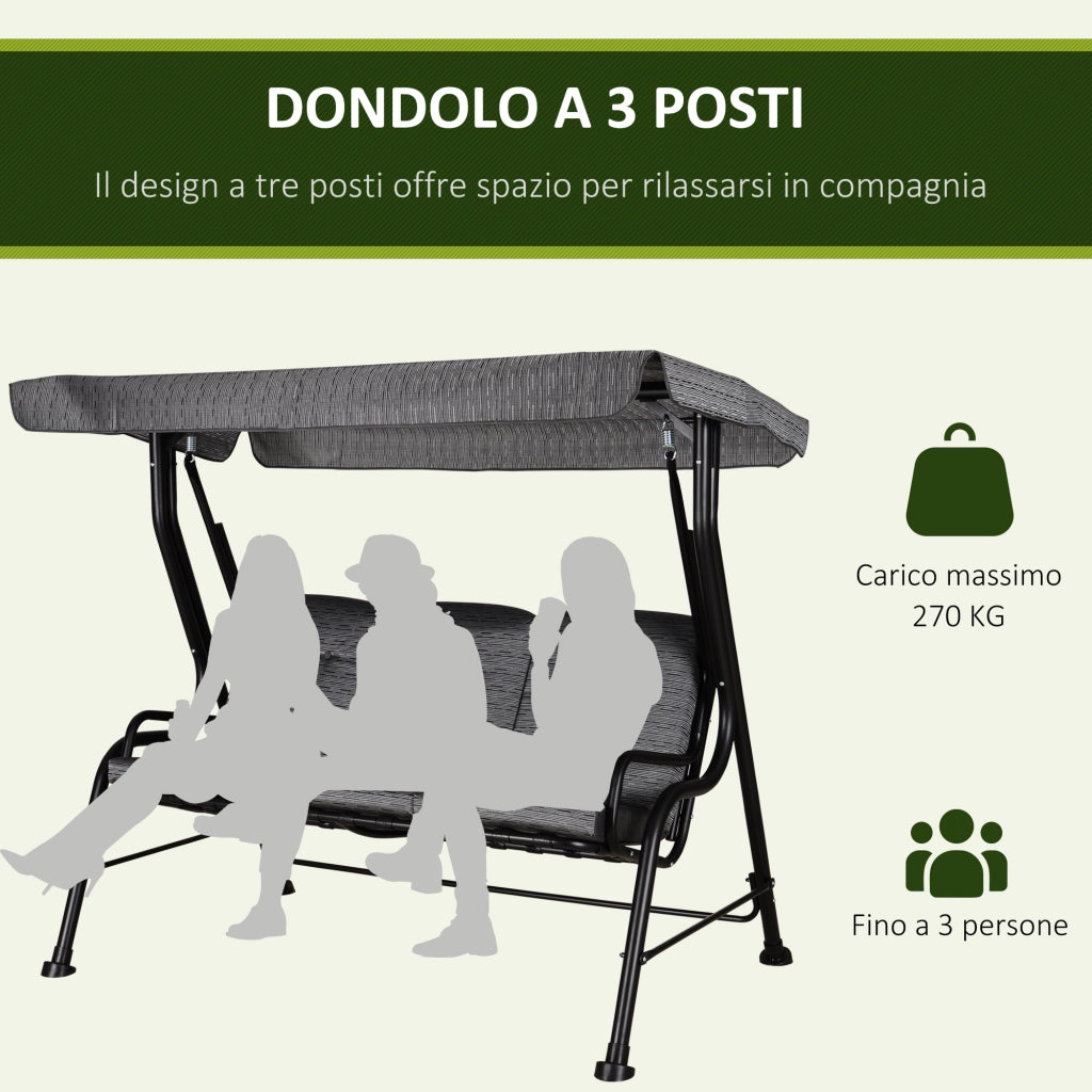 EasyComfort Dondolo da Giardino per 3 Persone con Tettuccio Regolabile e Cuscini, 200x120x170cm, Nero