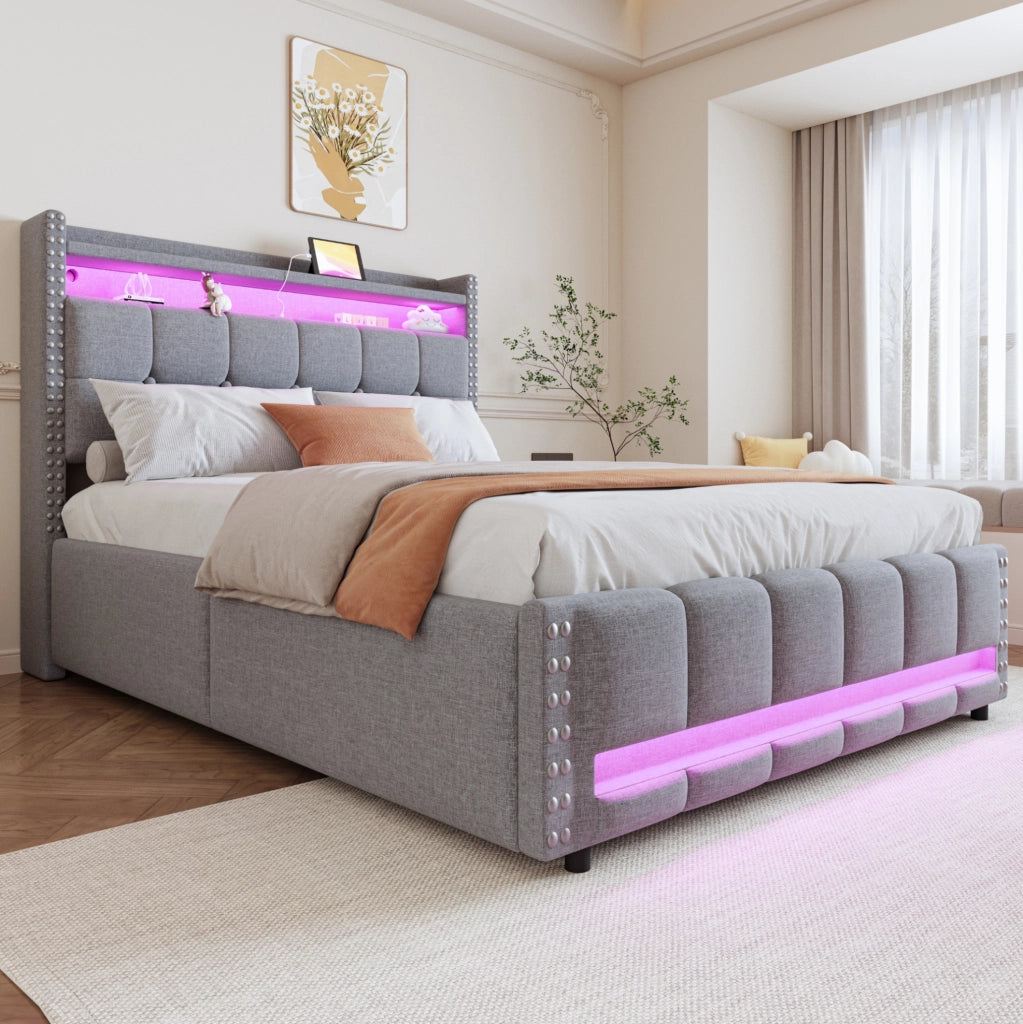 Letto imbottito 140x200 cm grigio chiaro, struttura in legno e metallo con LED e USB