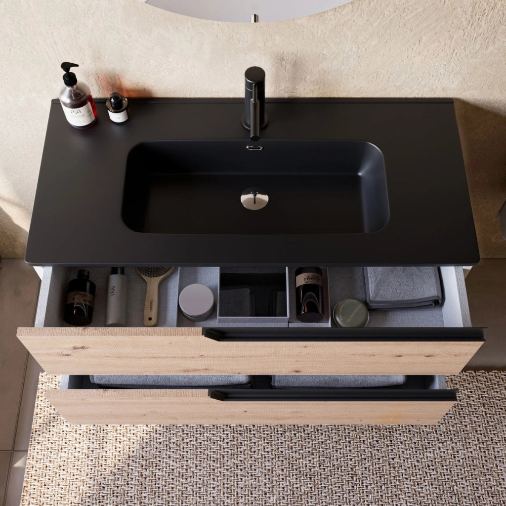 Mobile bagno 100cm sospeso rovere cartagena lavabo nero opaco - jaguar, selezione accessori con specchio