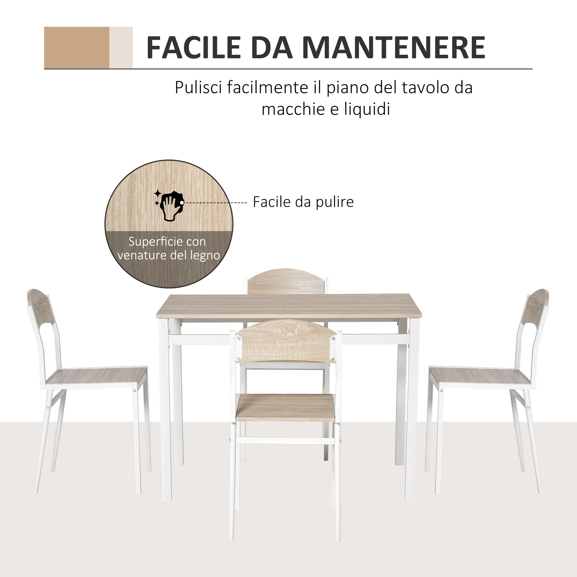 Set da Pranzo Tavolo e 4 Sedie in Metallo e MDF Bianco e Legno