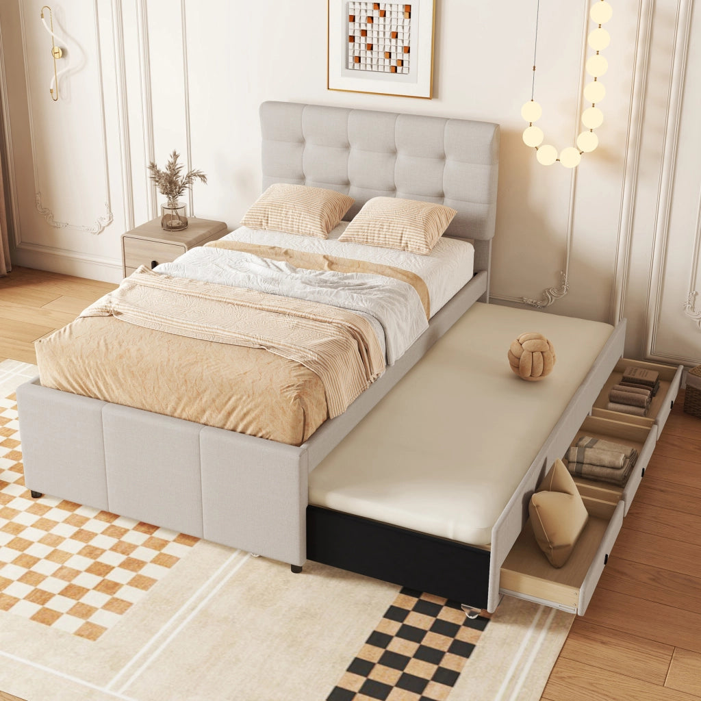 LETTO imbottito estraibile 90x200 cm lino beige con 3 cassetti