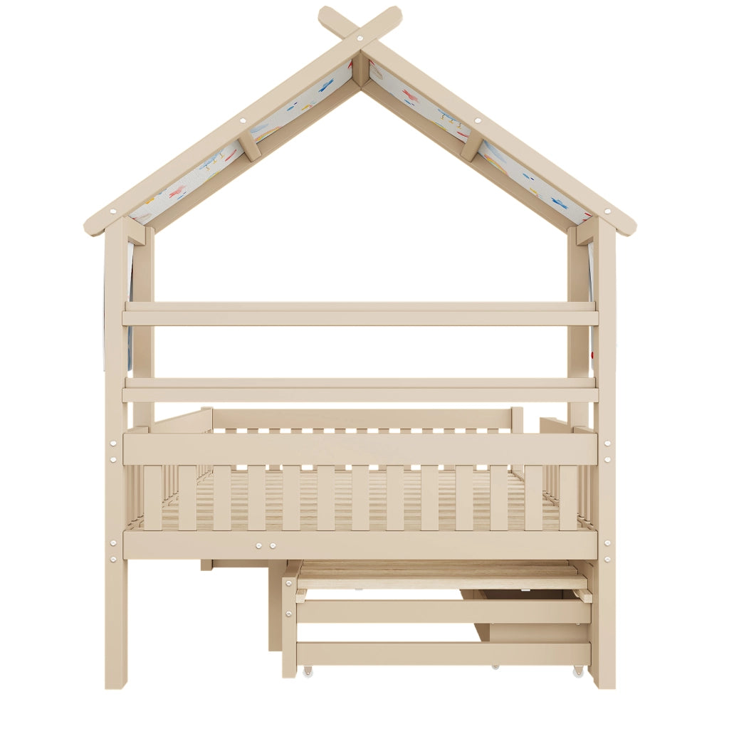 Letto a Soppalco con Cassetti e Sbarre ¨C MINIMAL ¨C Legno 140x200 Crema