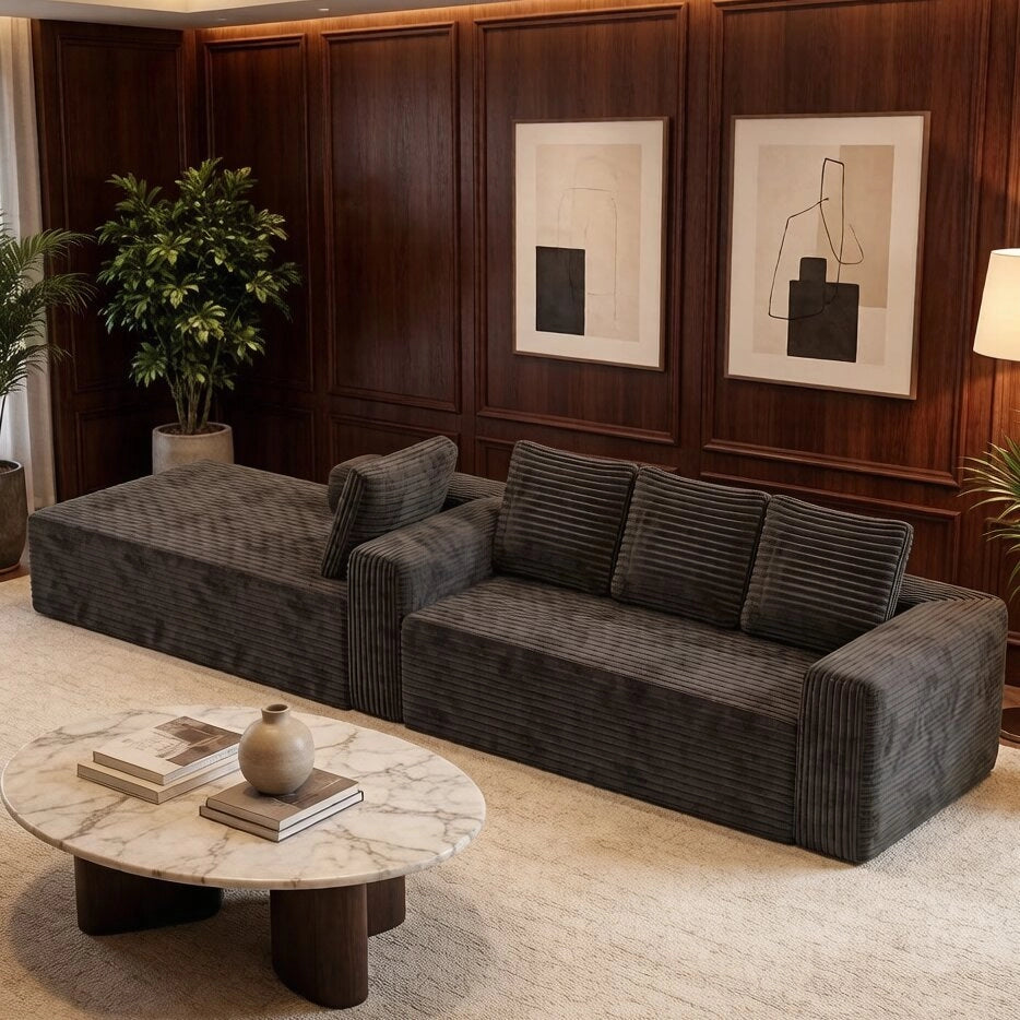 Divano modulare ad angolo con chaise longue e seduta profonda in corduroy grigio 261×168×58 cm