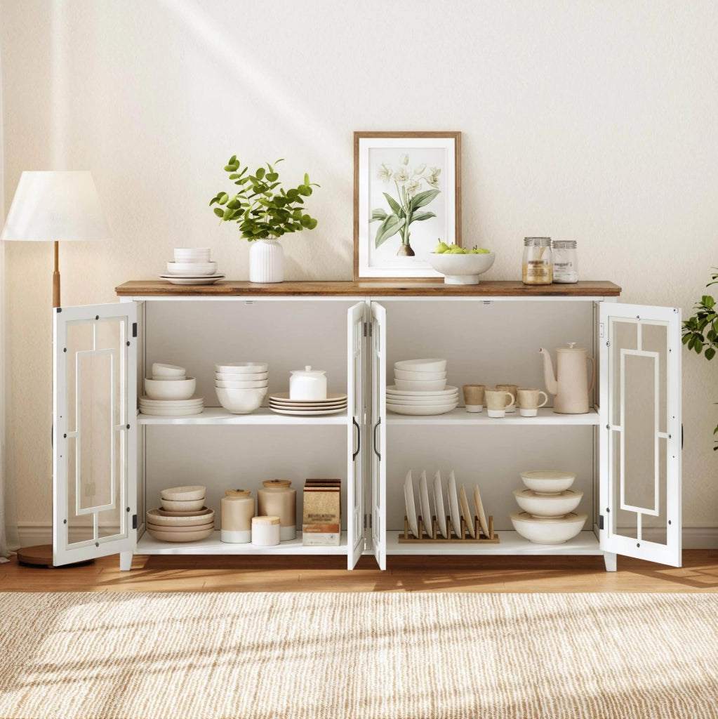 Credenza 160x40x86 cm con ampio spazio contenitivo e ante in vetro; MDF; bianco