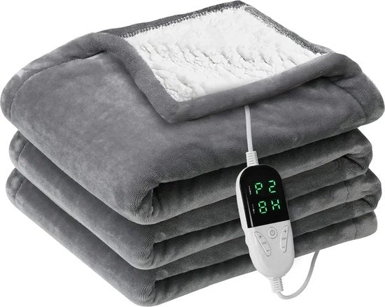 Deken Elettrico - Deken di Riscaldamento - Deken Elettrico con Riscaldamento Bilaterale - Asciugamano Elettrico con Timer - 150 x 180 - Grigio