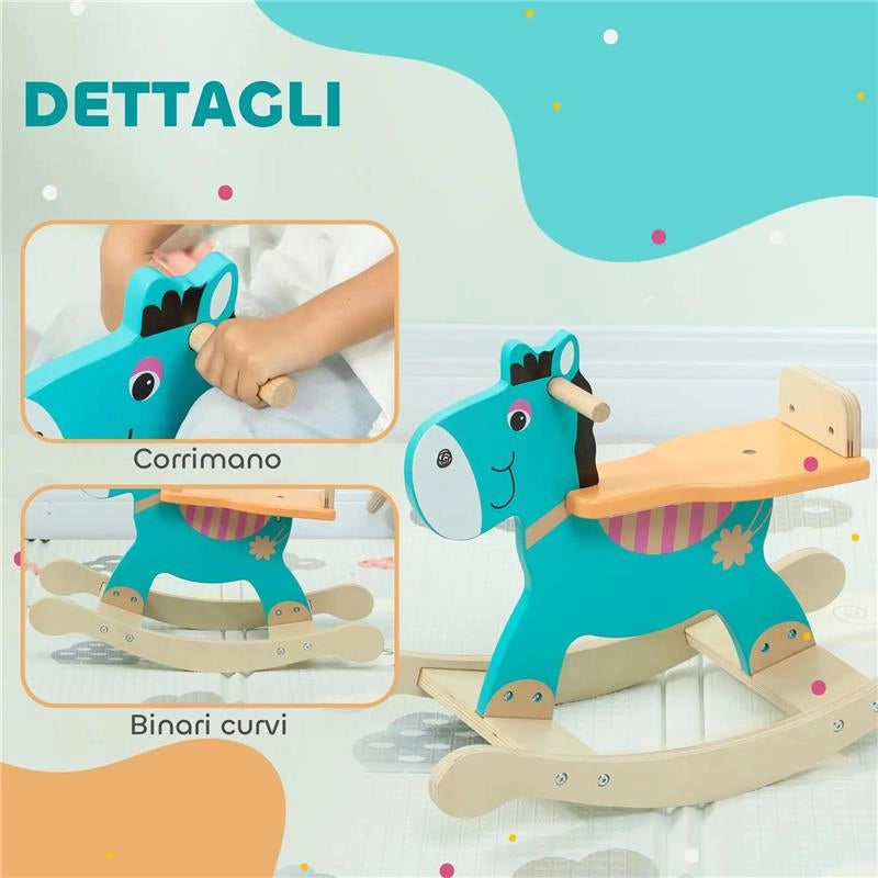 CAVALLO A DONDOLO A FORMA DI ASINO PER BAMBINI CON BASE LARGA, IN LEGNO, 59X27X43 CM, VERDE SCURO E ARANCIONE