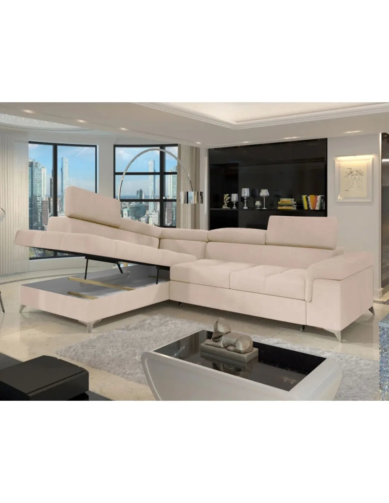 Divano ad angolo convertibile PALAZZO 4 posti beige – angolo sinistro con contenitore