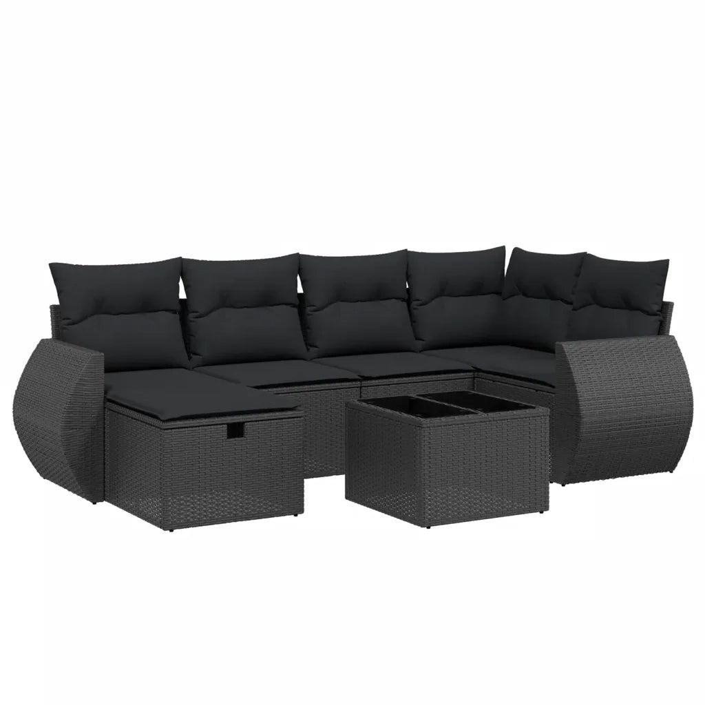 Set Divani da Giardino con Cuscini 7pz Nero Polyrattan