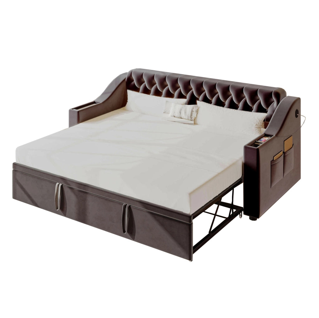 Divano letto imbottito estraibile 90x190 cm in velluto grigio con porte USB e vani contenitore