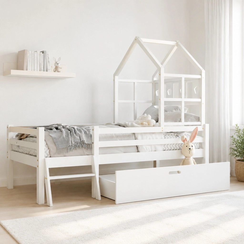 Letto rialzato per bambini 90x200 cm bianco con cassetto