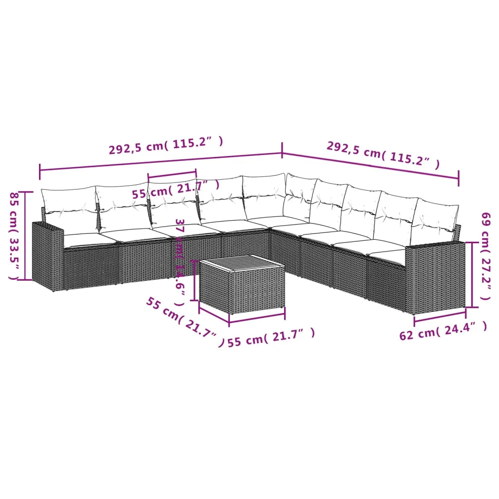 Set Divani da Giardino 10pz con Cuscini in Polyrattan Nero 3224166
