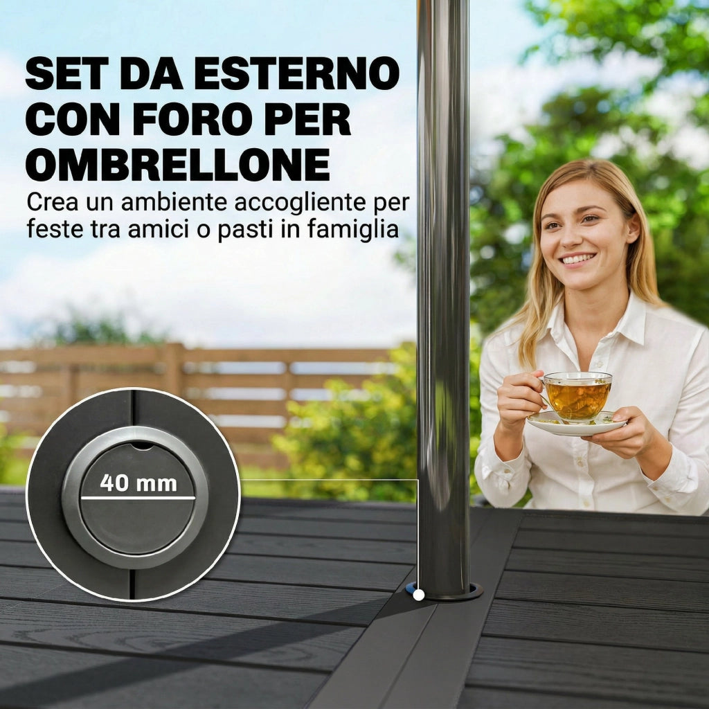 Set da Pranzo Esterno 6 Persone. Tavolo e Sedie con Foro Ombrellone. Nero