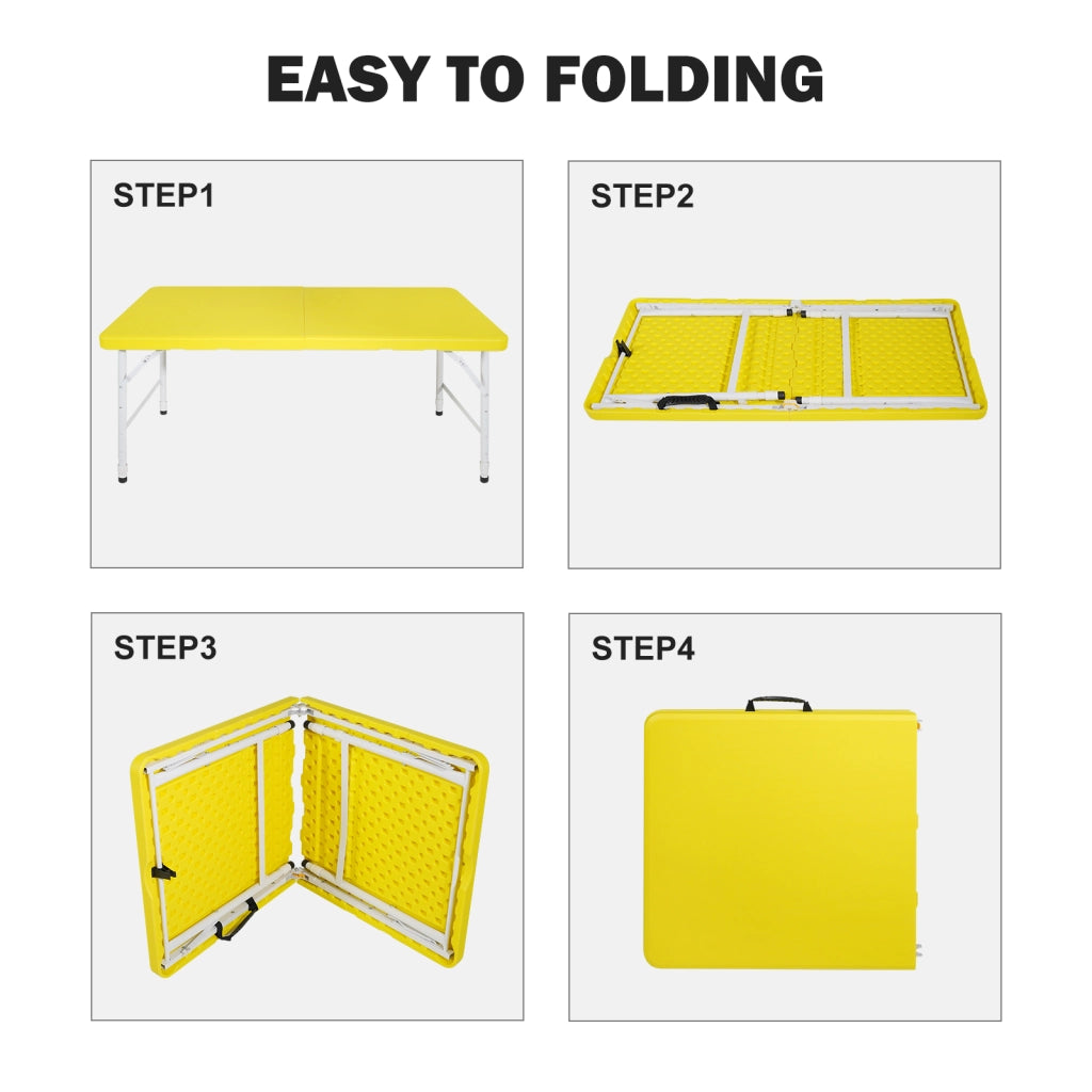 Tavolo pieghevole portatile pesante da 125 cm con maniglia; tavolo pieghevole regolabile in altezza; tavolo pieghevole multifunzionale per feste picnic in campeggio dentro e all'aperto; capacità 135 kg (giallo )