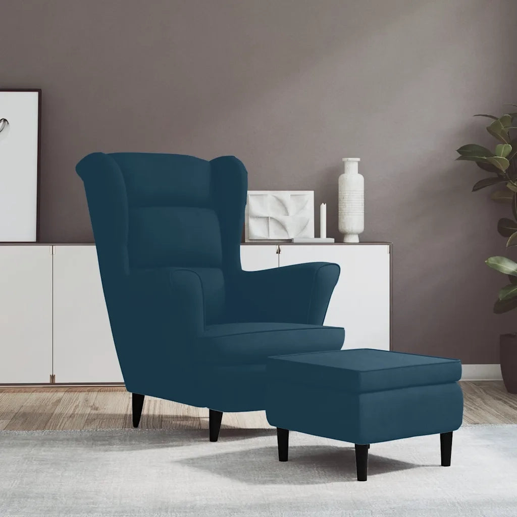 Poltrona | Sedia Relax con Schienale ad Ala con Poggiapiedi Blu in Velluto