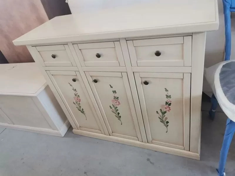 Credenza 3 porte 3 cassetti shabby avorio anticato decori 100x39x85 - Mobili 2G