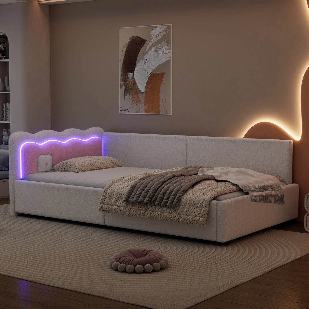 Letto matrimoniale con luce LED integrata velluto bianco 90x200 cm