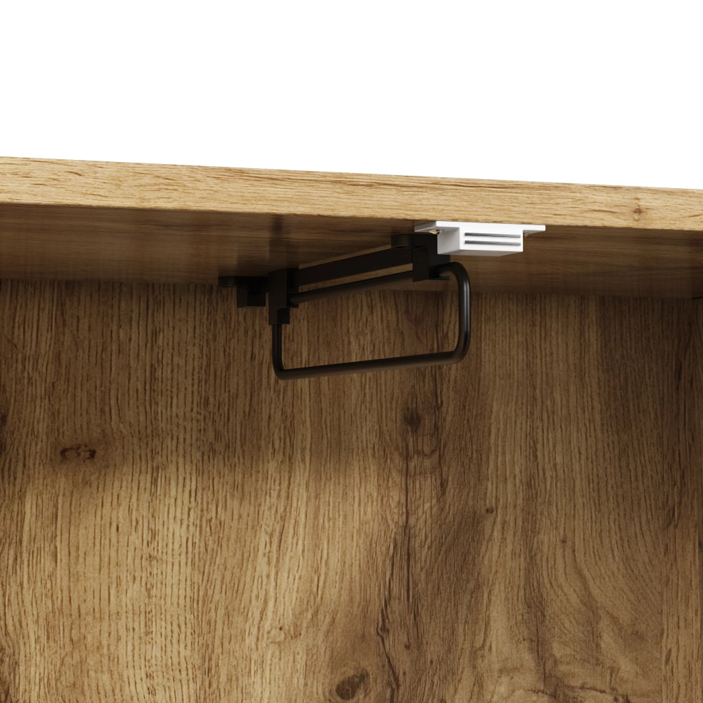Armadio da ingresso con appendiabiti, ripiani aperti, 2 cassetti e anta con pannelli imbottiti, in MDF nero e naturale