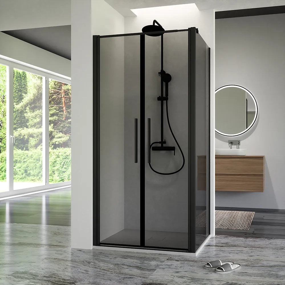 Box doccia 90x90cm con apertura saloon e parete fissa, profili nero opaco e vetro da 6mm fumè h195 | Elba