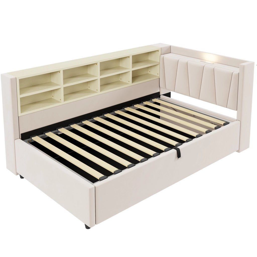 Letto singolo 90×200 cm con contenitore idraulico; luce notturna; USB; Type-C e ripiani; senza materasso; velluto beige
