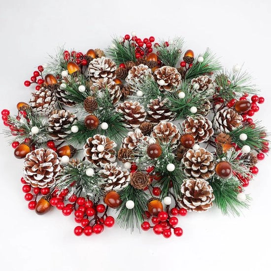 140 pezzi di coni di pino - raccoglitori di bacche rosse - set di rami di pino per artigianato DIY - decorazione domestica - albero di Natale - regalo - accessori per feste - diverse misure - bianco