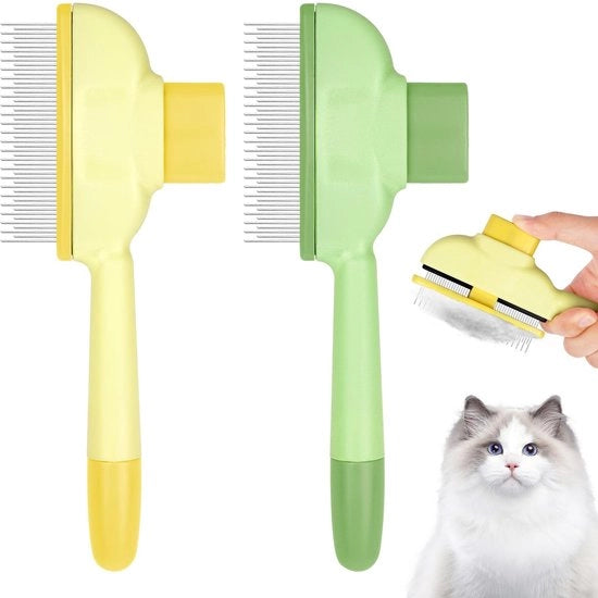 Twee in Uno Zelfreinigante Spazzola per Animali per il Trattamento di Capelli Lunghi e Corti, Spazzola per Gatti e Cani Self-Cleaning con Attivatore (Giallo+Verde)