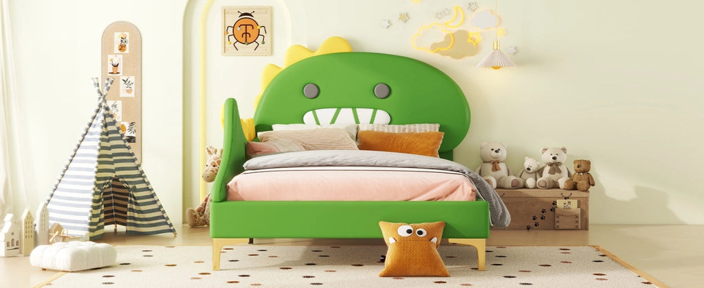 DESMIU Letto bambini 90 × 200 cm a 1 posto con testiera dinosauro, senza materasso, in PU e MDF, verde