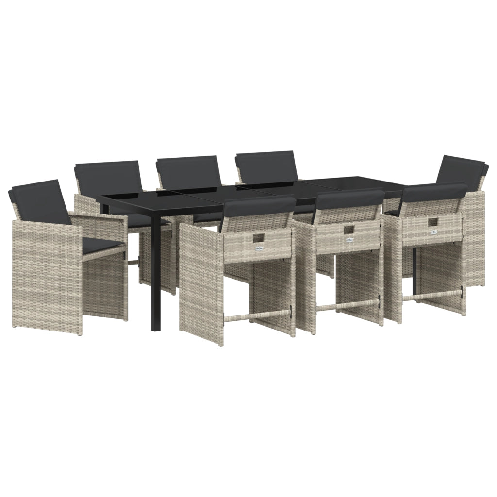 Set da Pranzo per Giardino  9 Pezzi con Cuscini Grigio Chiaro in Polyrattan