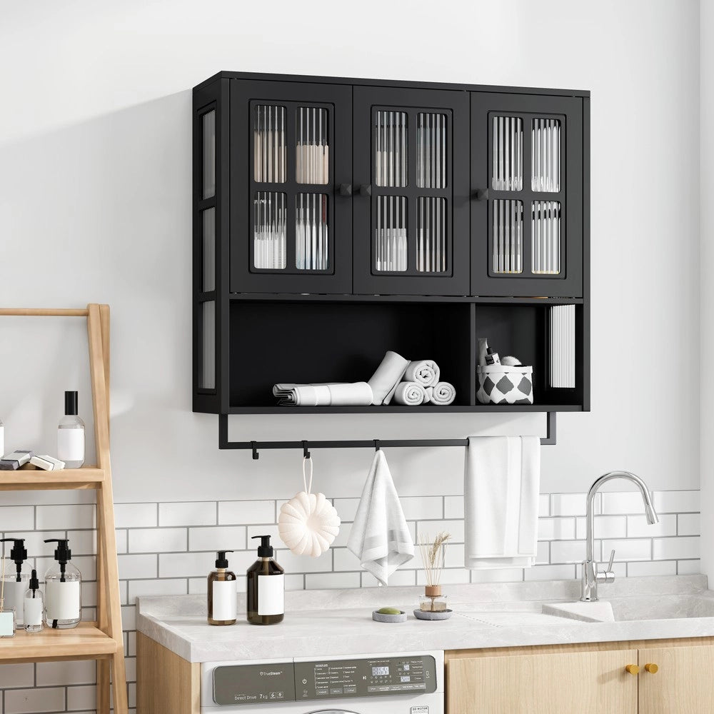 Armadietto da Bagno a Parete ¨C MINIMAL ¨C Nero, 3 Ante, Legno, con Specchio e Porta Salviette